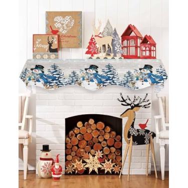 Imagem de Cachecol de cornija de Natal de boneco de neve azul para lareira, capa de pano de lareira de madeira marrom floco de neve de árvore de Natal, 152 x 43 cm, toalhas de mesa para sala de estar, decoração