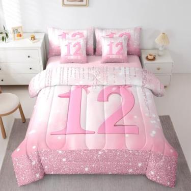 Imagem de Feelyou Conjunto de edredom com laço rosa com 7 peças, tamanho solteiro, 12 camas em uma bolsa, para crianças, meninos, meninas, princesas, glitter, decoração de quarto de aniversário, respirável