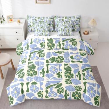 Imagem de Erosebridal Conjunto de edredom moderno de meados do século com lençol geométrico, geométrico, boêmio, floral, 7 peças, fofo, azul, verde e patchwork, lençol em uma bolsa, vintage, estética geométrica