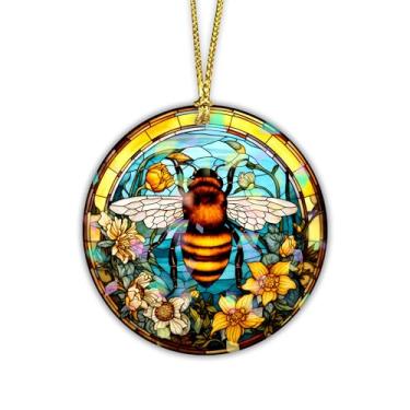 Imagem de ROISEPOSIE Enfeite de Natal holográfico de vinil de abelha com flor, 10 cm, decoração de Natal para casa, apanhador de sol, decoração de árvore de Natal, presente floral de animal para mulheres