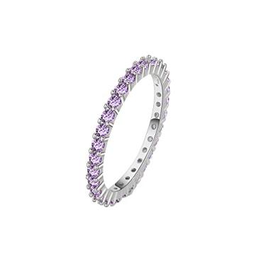 Imagem de OIDIMS Elegante anel empilhável de zircônia cúbica de 2 mm para mulheres simulado diamante eternidade anel de noivado cristal roxo anel de prata empilhável anel de compromisso joia ajuste confortável