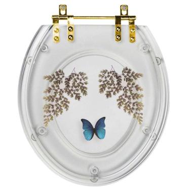 Imagem de Assento Sanitário Poliester Oval Transparente Decorado Borboleta Azul Com Ferragem Dourada