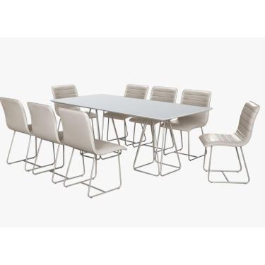 Imagem de Conjunto Mesa De Jantar Milão Off White Com 8 Cadeiras Cristal Couro Pérola Metal Champanhe
