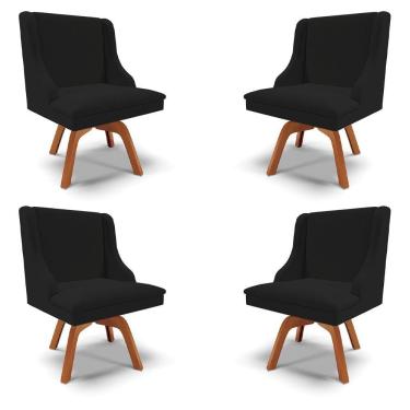 Imagem de Kit 4 Cadeiras Decorativas Sala De Jantar Base Giratória De Madeira Firenze Linho Preto/natural G19