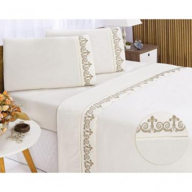 Imagem de Jogo Lençol Atenas Quarto Casal Queen Bordado 4 Peças 2fronha Cor:palha Com Caqui