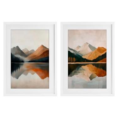 Imagem de Stupell Industries Terracotta Reflections Mountains and Lake 2 peças de impressão emoldurada branca sob o conjunto de vidro, design por Petal Prints Design, 20 x 14