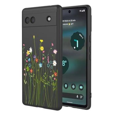 Imagem de OEURVQO Capa artística para Google 6A, capa de silicone líquido de toque macio com forro fofo, compatível com carregamento sem fio, capa protetora para Google Pixel 6A, flores silvestres pretas