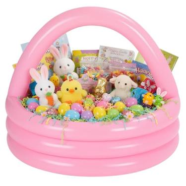 Imagem de VioraWhite Pink Easter Inflatable Gift Basket DIY Blow up Pool Easter Basket Giant 35.43 x 31.5 Inches Round Pool Portable for Game Play Garden Indoor Outdoor Decoration, Not Include Gift