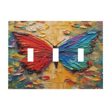 Imagem de Nadoabtm Placas decorativas coloridas borboleta animais insetos arte de parede abstrata 3 gangues placa de parede triplo interruptor de luz painel de parede elétrico para quarto decoração de casa