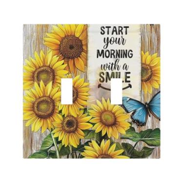 Imagem de JDAKHD Placa de cobertura para interruptor de luz, girassóis e borboletas vibrantes, interruptor duplo, placa decorativa de parede, textura de madeira rústica, placa de comutação dupla, placa elétrica