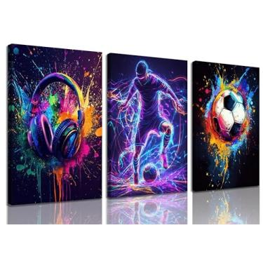 Imagem de 3 peças de arte de parede de futebol neon respingo de néon e imagens de decoração de parede de futebol coloridas vibrantes abstratas esportivas em tela para quarto de jogos decoração de parede sem