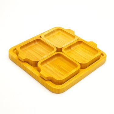 Imagem de Tábua Petisqueira em Bambu, Quadrada 23x23cm, 4 Pratos Removíveis 10x10cm, Bandeja para Queijos, Frios e Petiscos, Conjunto 5 Peças