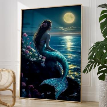 Imagem de Arte de parede vintage sereia azul oceano azul imagens femininas vintage arte sereia arte de parede lua temperamental pintura mulher vitoriana clássico gótico flor pôster impressão estética eclética