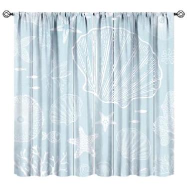 Imagem de JanJCurt Cortinas de concha de estrela do mar, cortina costeira de praia náutica rústica fazenda prancha de madeira tratamentos de janela oceano azul para quarto de crianças sala de estar 106 x 113 cm