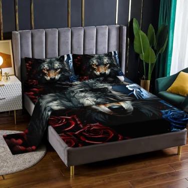 Imagem de Nttopship Jogo de cama casal com 4 peças de lobo rosas azuis e vermelhas com bolsos profundos de 41 cm, decoração de quarto de animais selvagens, 4 peças (1 lençol + 1 lençol + 2 fronhas)
