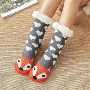 Imagem de 1 par de meias femininas de inverno de raposa laranja de malha fofa animal de inverno, unissex quente para casa, melhor presente