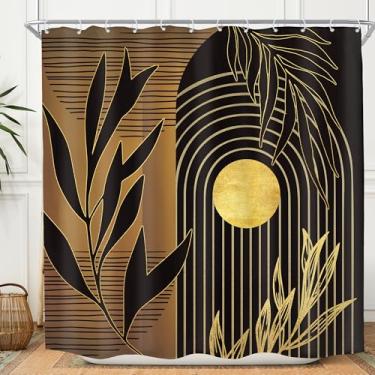 Imagem de KOMLLEX Cortina de chuveiro boho marrom preta para decoração de banheiro 182 cm L x 182 cm A centímetros abstrato boêmio minimalista folhas de palmeira planta tecido botânico poliéster impermeável
