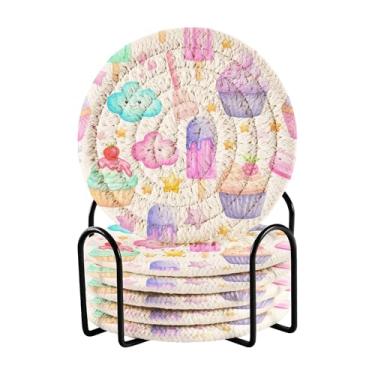 Imagem de SEHANY Lindo conjunto de 6 porta-copos de sorvete com suporte, porta-copos redondos absorventes de algodão resistente ao calor para mesa de jantar, canecas de café, proteção de xícara, 10 cm