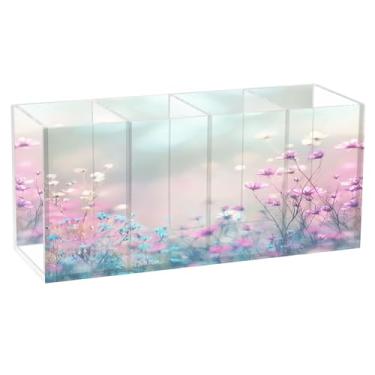 Imagem de SEHANY Porta-canetas de acrílico com flores silvestres coloridas, 4 compartimentos, porta-lápis transparente, organizador de pincéis de maquiagem, organizador de papelaria para escritório, casa