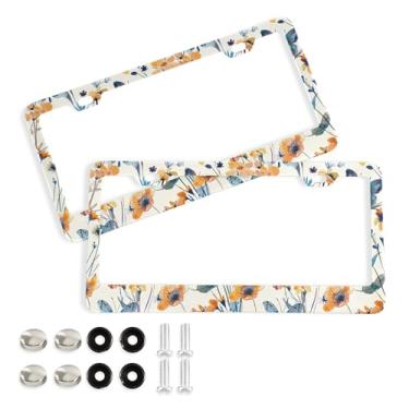 Imagem de SEHANY Molduras de placa de licença de flores florais coloridas, capas de moldura de placa de carro de alumínio à prova de ferrugem com orifícios elípticos e parafusos serve para veículos padrão dos