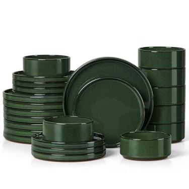 Imagem de Herogo Conjunto de pratos e tigelas de jantar para 8, 24 peças, conjunto de pratos de cerâmica de grés, fundo de terracota rústica, seguro para lava-louças e micro-ondas, verde escuro