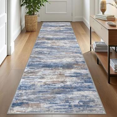 Imagem de KOZYFLY Tapete moderno abstrato lavável corredor 6 x 25 cm tapete de corredor antiderrapante macio tapete de corredor de cozinha, tapete listrado azul ferrugem para entrada, banheiro, lavanderia, hall