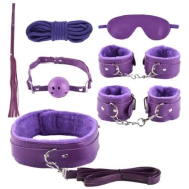 Imagem de Kit 7 Peças de Bondage em Couro Sintético Roxo, Conjunto Completo com Algemas, Coleira, Máscara, Corda e Acessórios Fetiche