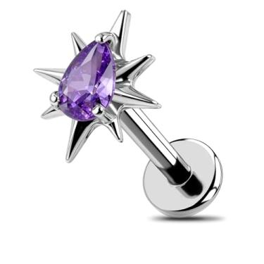 Imagem de OUFER Joias de piercing de hélice 18G estrela brilhante gota roxa CZ transparente brincos de hélice para frente, G23 sólido titânio liso atrás pino labret lábio cartilagem concha tragus piercing joias