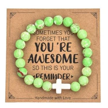 Imagem de Pulseira de cruz religiosa para mulheres e homens, joias de fé cristã, pulseira elástica de pedra natural feita à mão, One Size, Vidro, Sem Pedra Preciosa