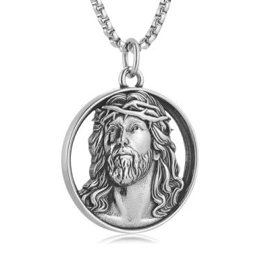 Imagem de HZMAN Colar com pingente de Jesus de aço inoxidável, joia religiosa católica, corrente ajustável de 55 cm para homens e mulheres, presente inspirador para batismo de Natal, Aço inoxidável, Sem Pedra