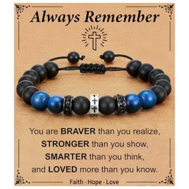 Imagem de Esrial Pulseira de cruz para homens, presentes de Natal para homens, pulseira de contas cruzadas, aniversário, batismo, presentes cristãos para filho, neto, irmão, sobrinho, 5.5in, Cobre, Ágata