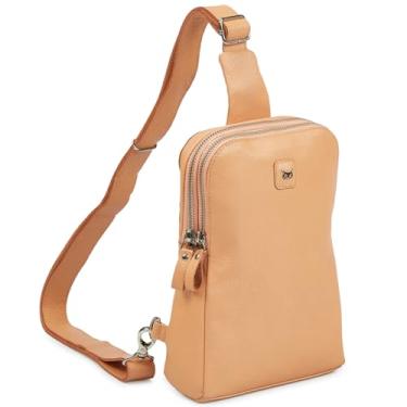 Imagem de Wise Owl Accessories Bolsa tiracolo de couro real para mulheres e homens, bolsa transversal no peito frontal com compartimentos para cartão de crédito, Napa pêssego, 9.5" x 6.5" x 2.5"