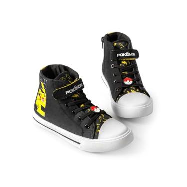 Imagem de Pokémon Pikachu Boys Tênis de cano alto com alça de | Kids Preto Amarelo Lightning Bolt | Pokeball Merchandise Pokemon Merch | Tênis de volta às aulas, Preto, 28 BR