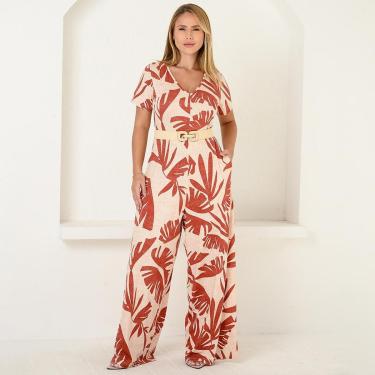 Imagem de Macacão Pantalona M/C Bolsos BBonnie Esther Estampa Vermelha Tamanho:GG;Genero:Feminino;Cor:-Feminino