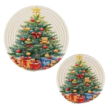 Imagem de Wassud Conjunto de trivet de desenho animado de árvore de Natal para pratos quentes, suportes redondos de algodão, almofadas quentes, porta-copos elegantes, decoração de cozinha e acessórios, 2 peças