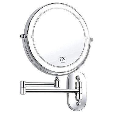 Imagem de Espelho de maquiagem iluminado por LED de montagem na parede com ampliação de 5x, espelho de banheiro de LED de desligamento automático, giratório de 360° e extensível, alimentado por 4 pilhas AAA