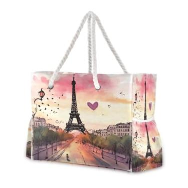 Imagem de Wassud Bolsa de praia grande para mulheres, adorável torre Eiffel, esboço à prova d'água, à prova de areia, bolsa de viagem com zíper e bolso para piscina, academia, acampamento