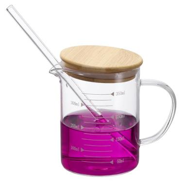 Imagem de PATIKIL Copo medidor de vidro de 350 ml, copo de vidro borossilicato, copos graduados de medição líquida com tampa de madeira, bico em forma de V para cozinha, bebendo, restaurante, balança impressa