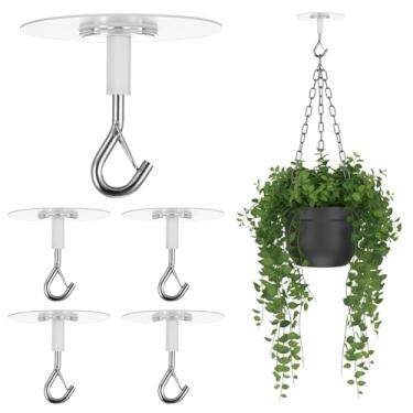 Imagem de FNANJWQ 5 ganchos de teto adesivos sem furos, sem perfuração, ganchos de teto de aço inoxidável para plantas pequenas, sinos de vento, gancho de pendurar adesivo, fácil de abrir