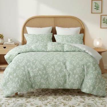 Imagem de Jolusere Jogo de cama Queen floral, verde sálvia, botânico, reversível, 1 edredom floral elegante com 2 fronhas, microfibra supermacia