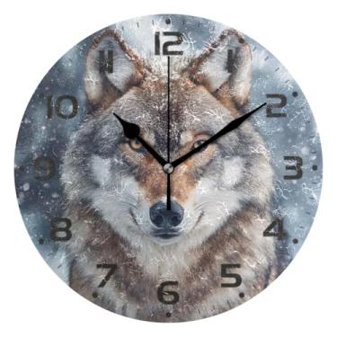 Imagem de JUZIHAI Relógio de parede lobo, silencioso, sem tique-taque, redondo, operado por bateria, fácil de ler, relógio decorativo de parede para casa, cozinha, sala de estar, quarto, escritório, 25 cm