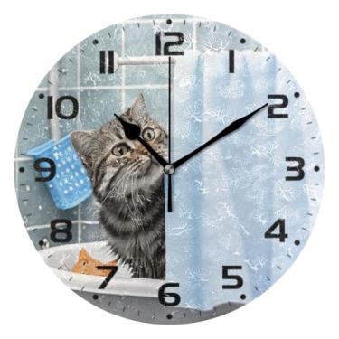 Imagem de JUZIHAI Relógio de parede engraçado de gato tomando banho, silencioso, sem tique-taque, redondo, operado por bateria, fácil de ler, relógio decorativo de parede para casa, cozinha, sala de estar