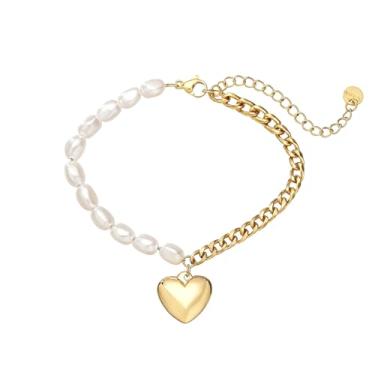 Imagem de Pulseira feminina com pingente de coração de pérola banhada a ouro em aço inoxidável Y2K, pulseira ajustável com corrente grossa, joia delicada, presente para aniversário, Natal, Dia dos Namorados