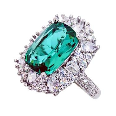 Imagem de CYPINA Anel de declaração de zircônia cúbica verde com corte esmeralda luxuoso, design de halo em tom prateado, pedras de destaque CZ
