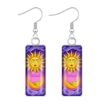 Imagem de Brincos pendentes de sol e lua celestiais, design místico, gancho de prata, formas de gota e retangular, conjunto de joias decorativas - mosaico de vidro estilo pintura a óleo, .7 inch, Aço inoxidável