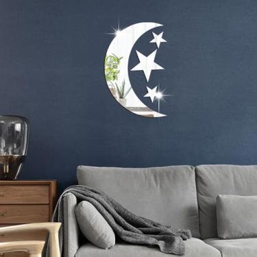 Imagem de 4 peças 3D lua lua estrela espelho decoração de parede, estrela faça você mesmo, adesivos decorativos autoadesivos adesivos para crianças, berçário, sala de estar, quarto, quarto infantil, sala de