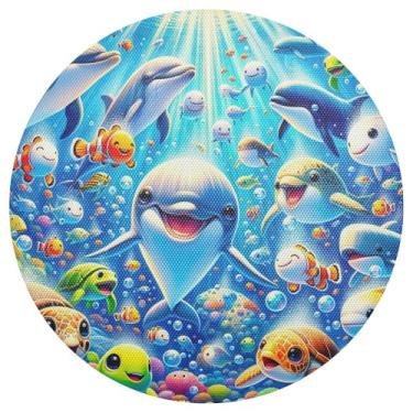 Imagem de Conjunto de tapetes de mesa Dolphins Ocean Friends com 1 tapete de mesa redondo, lavável de 38 cm, jogo americano de jantar de PVC, para mesa de jantar, mesa de cozinha