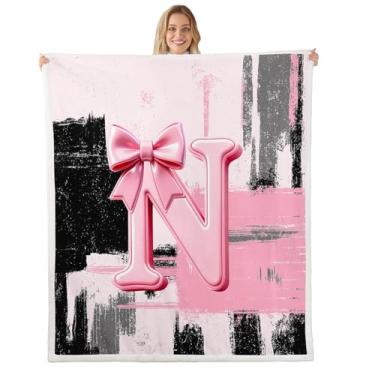 Imagem de Bebê 76,2 cm x 101,6 cm Letra N personalizada para cama, poltrona, sala de estar, meninos, meninas, rosa, preto, cinza, cobertor de lã para crianças, cobertor de lã de ovelha abstrato, felpudo