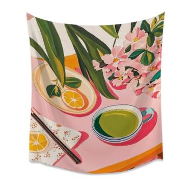 Imagem de Tapeçaria de parede colorida chá verde flores cítricas cozinha moderna boho sala de jantar decoração estética comida ilustração rosa laranja tecido pôster para café da manhã canto branco 76 x 101 cm