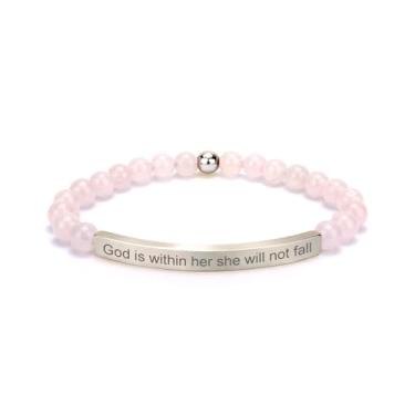 Imagem de cusurlove Pulseira feminina inspiradora de quartzo rosa, banhado a ouro 18K, joia de fé, bíblia religiosa cristã, presente para encorajamento, amor e força, Medium, Cristal, Sem Pedra Preciosa